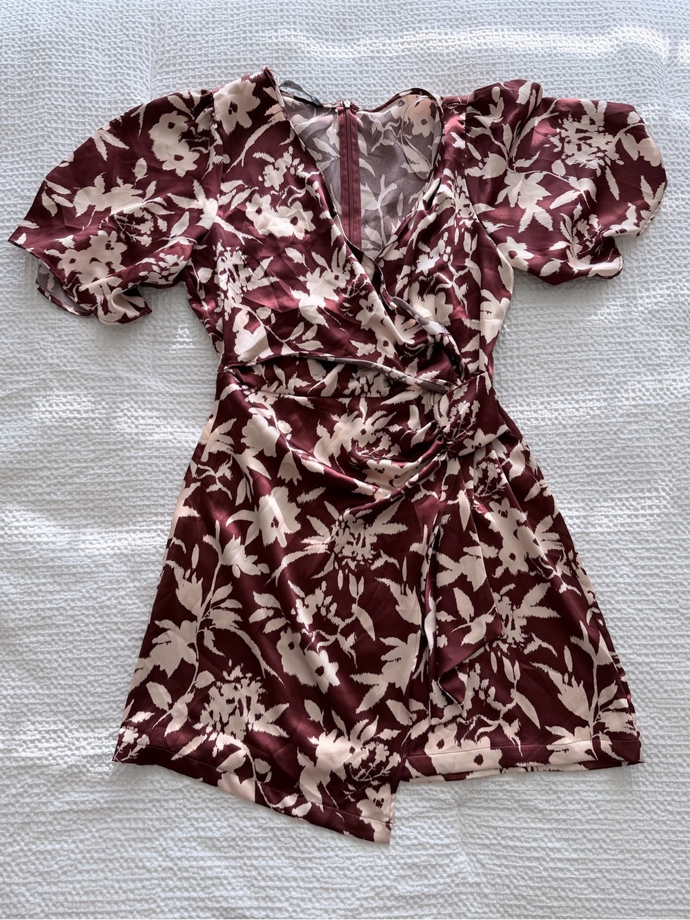 Zara Burgundy & Cream Floral Wrap Mini Dress
